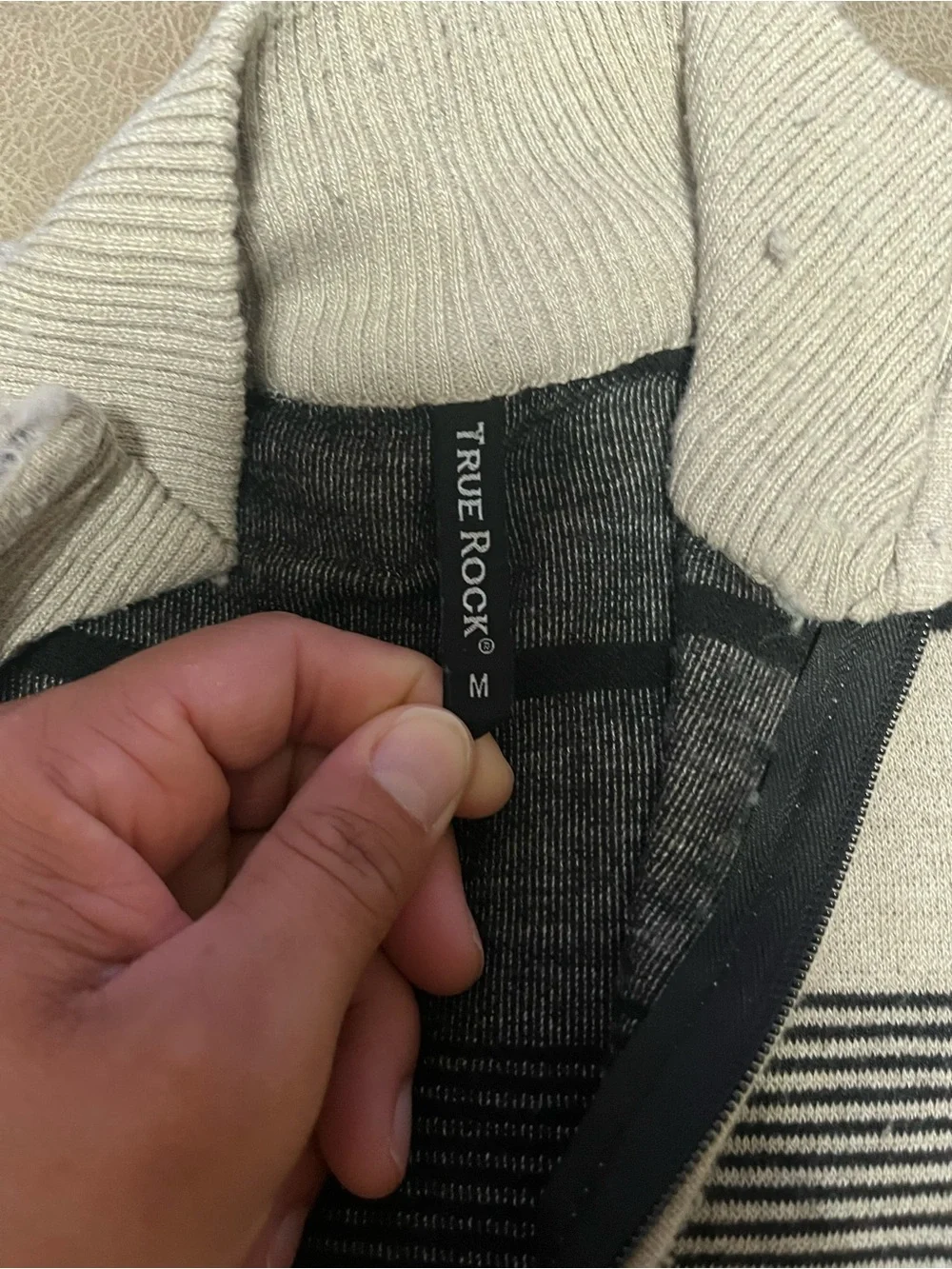 True Rock Men's Cream and Black Striped Zip-Up Sweater medium